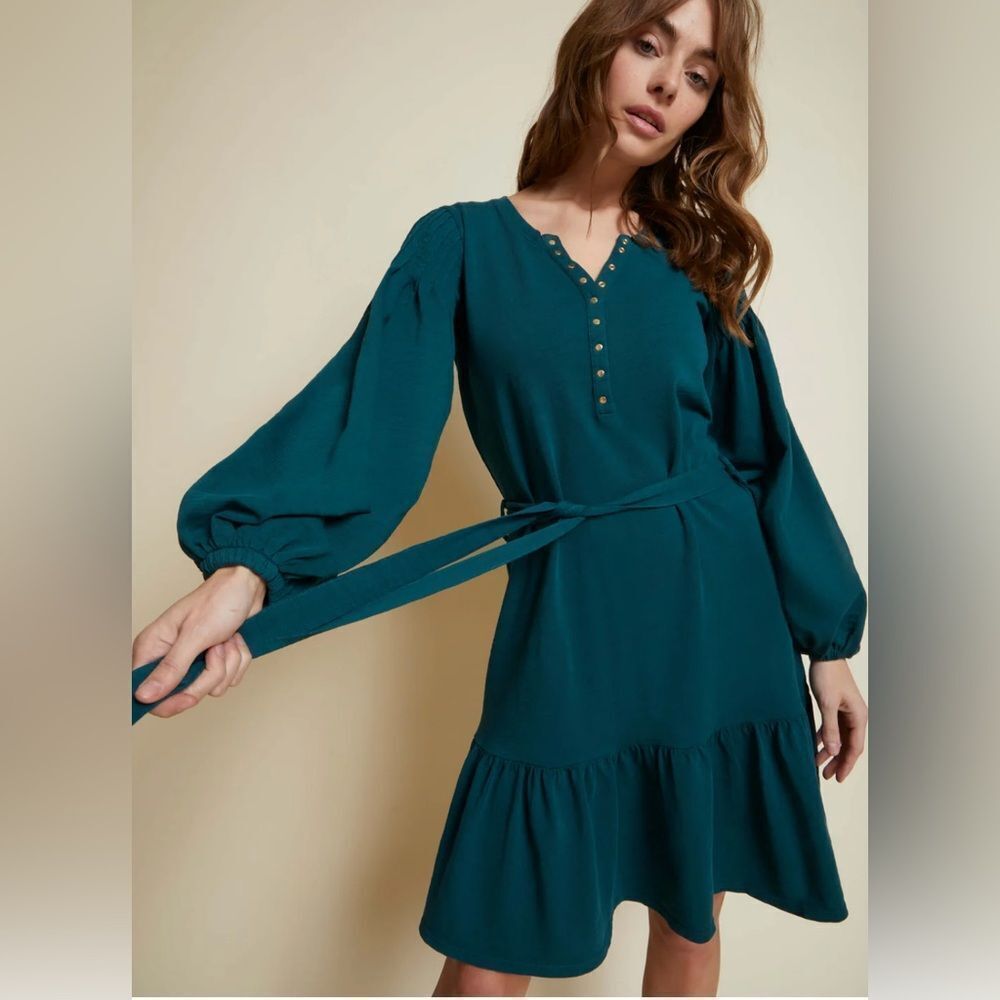Nation LTD Teal Long Sleeve Dress with Button Accents
